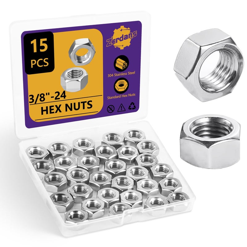ZerDans 3/8"-24 Hex Nuts, 15Pcs 304 Stainless Steel Metal Standard Inch Hexagonal Nuts Hardware Set for Bolt for Furniture, Automotive, Industry and Construction, Full Thread - Image 1